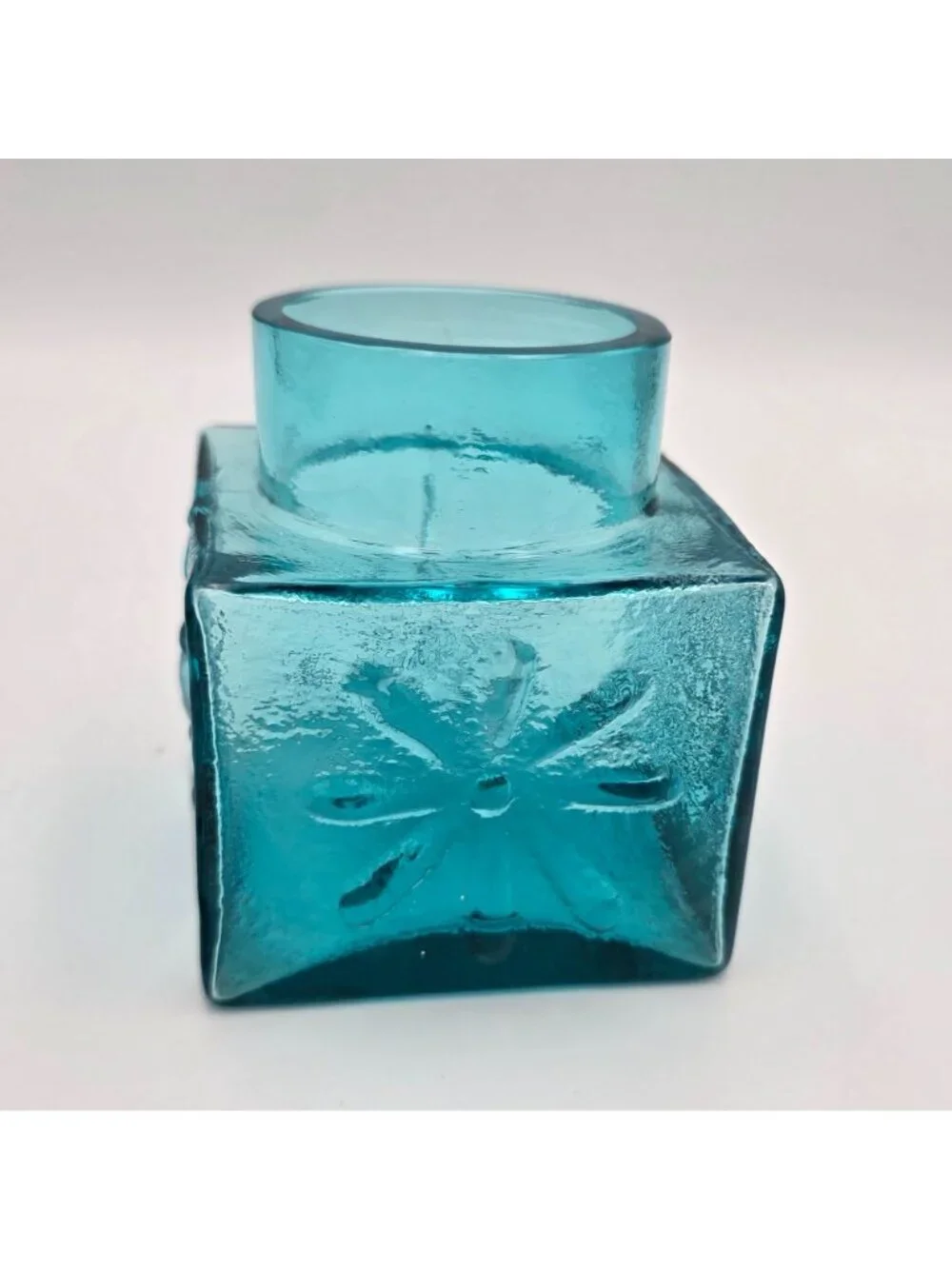 MCM Dartington Blue Glass Cube Vase Embossed Sunburst Design Textured Finish
